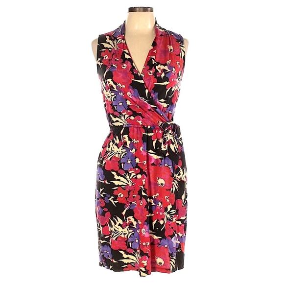AK Anne Klein Faux Wrap Dress Red Floral Sleeveless Stretch V-Neck Dress Large - Picture 1 of 13